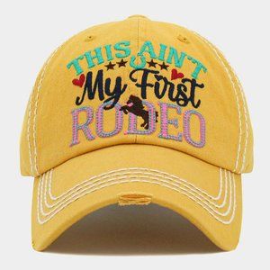 THIS AIN'T MY FIRST RODEO DISTRESSED DENIM BASEBALL CAP, EQUESTRIAN CAP